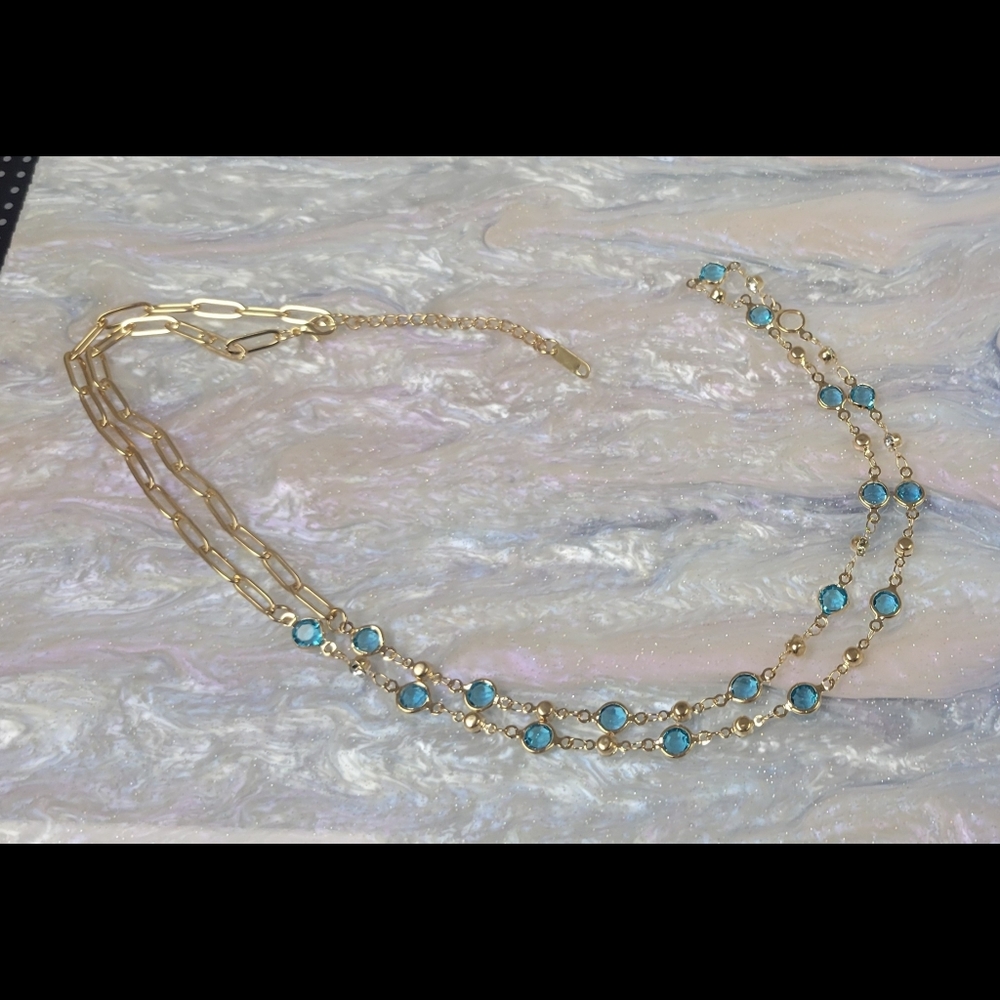 Blue Crystal Waist Chain • Gold Paperclip Chain • Adjustable Belly Chain 26"-34"